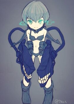 1girl abyssal_ship arm_cannon bikini black_bikini black_boots blue_eyes boots breasts chibi chibi_only eye_trail glowing glowing_eyes grey_background grey_hair hair_between_eyes kantai_collection light_trail looking_at_viewer pale_skin ri-class_heavy_cruiser sanada_nako simple_background small_breasts solo standing swimsuit weapon