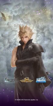1boy armor black_cape black_gloves black_pants black_sleeves black_vest blonde_hair cape cloud cloud_strife cloudy_sky copyright_name cowboy_shot falling_feathers feathers fenrir_(final_fantasy) final_fantasy final_fantasy_vii final_fantasy_vii_advent_children final_fantasy_vii_ever_crisis gloves hair_between_eyes hand_on_own_arm highres male_focus official_art pants pauldrons popped_collar short_hair shoulder_armor single_bare_shoulder single_pauldron single_sleeve sky solo spiked_hair square_enix vest waist_cape