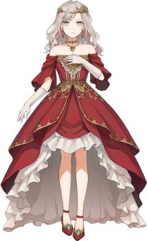 Rule 34 | 1girl, bare shoulders, blue eyes, ceras yanagida lilienfeld, collarbone, dress, earrings, elbow gloves, frilled dress, frills, full body, game cg, gloves, grey hair, hasunosora fantasy, high-low dress, high heels, jewelry, link! like! love live!, long hair, looking at viewer, love live!, non-web source, off-shoulder dress, off shoulder, official alternate costume, official art, parted lips, red dress, red shoes, shoes, simple background, solo, standing, transparent background, wavy hair, white gloves