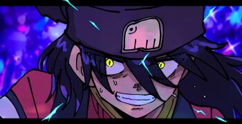 1girl amate_yuzuriha amate_yuzuriha_(cosplay) angry beanie black_hair black_hat clenched_teeth commentary_request constricted_pupils cosplay crazy crazy_eyes crazy_grin crazy_smile energy floating_hair gundam gundam_gquuuuuux hair_between_eyes hat highres long_hair looking_at_viewer mecha_pilot_suit newtype_flash normal_suit_(gundam) nyaan_(gundam_gquuuuuux) ogata_(mm_ogata_rkgk) pillarboxed pom_pom_(clothes) pom_pom_beanie reveal smile solo spoilers sweat teeth wide-eyed yellow_eyes