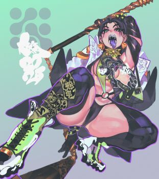 1girl 2025 arm_up armpits black_gloves black_hair black_panties black_thighhighs bracelet braces breasts cellphone chinese_zodiac cleavage collar colored_tongue crop_top earrings elbow_gloves full_body gloves gold_earrings green_collar green_eyes highres holding holding_staff holding_weapon jacket jewelry keziedra large_breasts multiple_bracelets o-ring original outline panties phone purple_outline purple_tongue revealing_clothes sharp_teeth shoes slit_pupils smartphone snake snake_earrings snake_girl sneakers solo spiked_bracelet spiked_collar spikes squatting staff teeth thighhighs three_section_staff tongue tongue_out underwear weapon white_jacket white_shoes year_of_the_snake