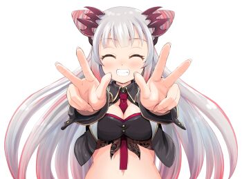 1girl between_breasts black_shirt black_sleeves black_vest blush breasts cleavage cleavage_cutout closed_eyes clothing_cutout collared_shirt commentary_request cone_hair_bun crop_top cropped_vest demon_horns detached_sleeves double_bun double_v fang gold_buttons gradient_hair grey_hair grin hair_bun haniwa_(leaf_garden) headgear highres horns lace lace_shirt medium_breasts midriff multicolored_hair nanashi_inc. navel necktie necktie_between_breasts open_clothes open_vest outstretched_arms pink_hair pink_streaks raised_eyebrows red_horns red_necktie shirt side_up_bun simple_background sleeveless sleeveless_shirt smile solo streaked_hair suou_patra suou_patra_(1st_costume) transparent_background upper_body v vest virtual_youtuber