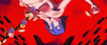 2girls blue_flower blue_hair chainsaw_man flower green_eyes hair_bun hair_over_one_eye highres holding holding_flower impaled kamiro_(kamin_r0) makima_(chainsaw_man) medium_hair mouse_(animal) multiple_girls polearm red_background red_flower reze_(chainsaw_man) spear spoilers weapon white_flower