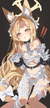 ! !! 1girl :o absurdres alternate_costume animal_ear_fluff animal_ears bandaged_arm bandaged_chest bandaged_fingers bandaged_hand bandaged_leg bandaged_tail bandages bare_shoulders berserker_r black_background blonde_hair blue_archive blush bow breasts broken broken_chain chain chest_sarashi claw_pose collar cross_halo cuffs ear_wreath extra_ears flower forehead fox_ears fox_girl fox_tail gluteal_fold grey_background hair_flower hair_ornament half-closed_eyes halloween_costume halo handcuffed handcuffs hands_up highres loli long_hair looking_at_viewer mummy_costume naked_bandage navel open_mouth ribbon sarashi seia_(blue_archive) shackles simple_background small_breasts solo sweat sweatdrop tail tail_bow tail_ornament thighs variant_set very_long_hair white_bow white_ribbon yellow_eyes yellow_halo