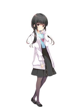 1girl black_eyes black_hair black_pantyhose black_shoes blue_serafuku blue_shirt bow bowtie cardigan full_body girlfriend_(kari) looking_at_viewer low_twintails mary_janes mashiro_touko official_art pantyhose qp:flapper raised_inner_eyebrows sailor_collar sailor_shirt school_uniform serafuku shirt shoes simple_background solo standing striped_bow striped_bowtie striped_clothes transparent_background twintails white_cardigan