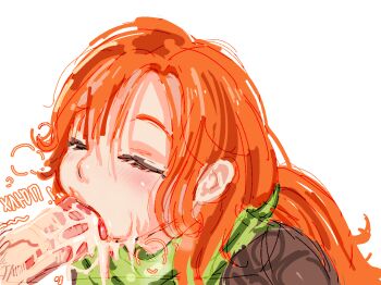 1girl blush closed_eyes cum cum_in_mouth cum_on_body cum_on_penis cum_overflow curly_hair curtained_hair dota_(series) dota_2 ejaculation facial fellatio green_scarf lips long_bangs long_hair off-color_semen oral parted_bangs penis ponytail popisya portrait red_hair russian_text scarf self-upload solo_focus steam tongue tongue_out valve white_background windranger_(dota)