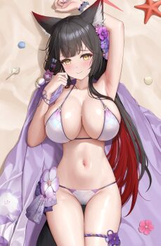 1girl absurdres animal_ears arm_up armpits bare_shoulders bead_bracelet beads bikini bikini_pull black_hair blue_archive bracelet breasts cameltoe cleavage closed_mouth clothes_pull collarbone commentary_request eyeshadow floral_print flower fox_ears fox_girl fox_tail hair_bun halterneck hand_up haori highres japanese_clothes jewelry keine09 large_breasts long_hair looking_at_viewer low_ponytail lying makeup multicolored_hair navel official_alternate_costume on_back ponytail purple_flower purple_haori red_hair sand skindentation smile solo stomach string_bikini swimsuit tail thigh_strap thighs two-tone_hair very_long_hair wakamo_(blue_archive) wet white_bikini yellow_eyes