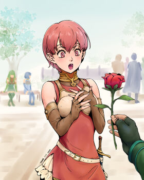 2025 2boys 3girls :o abel_(fire_emblem) armor artist_name bare_shoulders belt catria_(fire_emblem) chest_guard commentary_request cowboy_shot dated dress elbow_gloves est_(fire_emblem) fire_emblem fire_emblem:_mystery_of_the_emblem fire_emblem_echoes:_shadows_of_valentia flower gloves gwangc hairband highres holding holding_flower korean_commentary marth_(fire_emblem) multiple_boys multiple_girls nintendo palla_(fire_emblem) partially_fingerless_gloves red_dress red_eyes red_hair rose short_dress short_hair sleeveless sleeveless_dress solo_focus sword weapon white_belt white_hairband