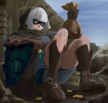 1girl bandit_(clash_royale) boots brown_boots brown_gloves clash_royale club_(weapon) coin commentary full_body gloves gold_coin green_eyes highres holding holding_club holding_weapon hood hood_up knee_boots long_sleeves mask outdoors short_hair sitting smile solo treasure_chest weapon white_hair xfiro