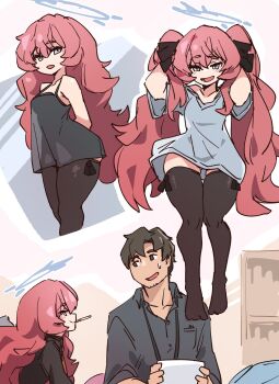 1boy 1girl adjusting_hair armpit_crease arms_up bare_shoulders black_dress black_hair black_shirt black_thighhighs blue_archive blue_eyes blue_halo blush breasts closed_mouth collared_shirt dress feet food food_in_mouth hair_between_eyes halo iroha_(blue_archive) long_hair loose_clothes loose_shirt mabufuyo medium_breasts messy_hair multiple_views open_mouth paper pocky pocky_in_mouth see-through_clothes see-through_dress sensei_(blue_archive) shirt short_hair sidelocks smile sweatdrop teasing thick_eyebrows thick_thighs thighhighs thighs twintails upskirt white_dress wide_hips wide_sleeves