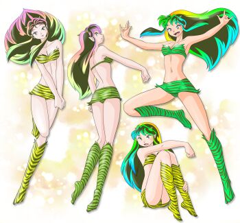 1girl \m/ absurdres animal_print ass bikini breasts cleavage cone_horns double_\m/ fangs full_body gradient_hair highres horns long_hair lum miniskirt multicolored_hair multiple_views navel open_mouth own_hands_together pointy_ears print_bikini print_boots print_skirt shirokuro_jakko sitting skirt swimsuit tiger_print urusei_yatsura