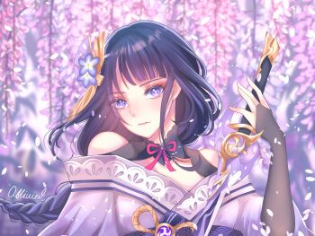 1girl alternate_costume artist_name asymmetrical_sleeves bare_shoulders blunt_bangs blurry blurry_background braid bridal_gauntlets closed_mouth clothing_cutout depth_of_field electro_symbol_(genshin_impact) eyeshadow floating_hair flower flower_ornament genshin_impact glowing hair_floating_upwards hair_ornament head_tilt highres holding holding_sword holding_weapon long_braid looking_at_viewer looking_to_the_side makeup mitsudomoe_(shape) mixed-language_commentary mole mole_under_eye multicolored_eyes multicolored_hair musou_isshin_(genshin_impact) neck_ribbon oblivied off_shoulder outdoors pink_lips purple_background purple_eyes purple_flower purple_sash raiden_shogun red_eyeshadow red_ribbon ribbon sash shade shoulder_cutout signature single_braid solo standing streaked_hair sword tomoe_(symbol) uneven_sleeves upper_body weapon wide_sleeves wisteria