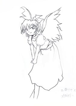 Rule 34 | concept art, daiyousei, dress, embodiment of scarlet devil, fairy, fairy wings, feet out of frame, greyscale, majic of life, monochrome, ribbon, touhou, white background, wings, zun (artist)
