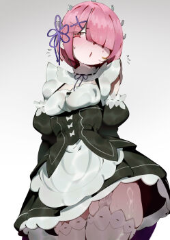 1girl @_@ absurdres apron arms_behind_back black_dress blush breasts cleavage_cutout clothing_cutout deko_morii detached_sleeves dress hair_ornament hair_over_one_eye highres looking_at_viewer maid maid_headdress medium_breasts open_mouth pink_eyes pink_hair ram_(re:zero) re:zero_kara_hajimeru_isekai_seikatsu roswaal_mansion_maid_uniform short_hair solo thighhighs thighs white_apron white_thighhighs x_hair_ornament