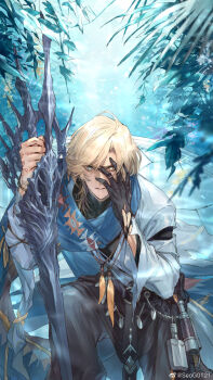 1boy aqua_eyes bead_bracelet beads belt belt_pouch black_belt black_gloves black_pants blonde_hair blue_cloak bracelet cloak crack cracked_floor feather_necklace feet_out_of_frame furrowed_brow gloves grimace hand_on_own_face heterochromia highres hip_flask holding holding_polearm holding_weapon jewelry lance lars_rorschach lars_rorschach_(eden) leaning_on_weapon long_sleeves looking_at_viewer lovebrush_chronicles male_focus midriff_peek necklace o-ring o-ring_belt official_art on_one_knee pants parted_lips plant planted polearm pouch seomouse shirt short_hair single_glove sleeve_garter solo spyglass stomach_tattoo swept_bangs tattoo torn_clothes torn_gloves torn_shirt turtleneck undershirt waist_cape wallet_chain water watermark weapon weibo_watermark white_shirt yellow_eyes