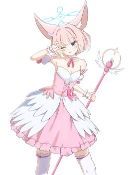1girl ;d absurdres animal_ear_fluff animal_ears armpits bare_shoulders blue_archive blue_eyes blue_halo blunt_bangs blush bow bow_legwear breasts cleavage collarbone commentary_request cosplay cowboy_shot detached_sleeves dress fox_ears fox_girl frilled_dress frilled_sleeves frilled_thighhighs frilled_wrist_cuffs frills grin halo hand_up happy head_tilt highres holding holding_wand looking_at_viewer magical_girl neck_ribbon niko_(blue_archive) one_eye_closed open_mouth pink_bow pink_dress pink_hair pink_ribbon puffy_short_sleeves puffy_sleeves ribbon short_hair short_sleeves simple_background small_breasts smile solo strapless strapless_dress sugeryamadori suzumi_(blue_archive) suzumi_(blue_archive)_(cosplay) suzumi_(magical)_(blue_archive) thighhighs two-tone_dress v v_over_eye wand white_background white_dress white_thighhighs wrist_cuffs zettai_ryouiki