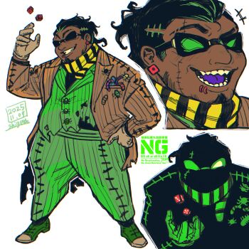 1boy bat_bowtie black_hair bug cloak formal_clothes highres hood hooded_cloak humanization kabochashige long_sleeves male_focus oogie_boogie open_mouth patchwork_clothes personification short_hair simple_background smile smirk solo spider spider_thread suit the_nightmare_before_christmas