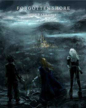 1boy 2girls armor artskiddy69 black_hair blonde_hair blue_cape cape caption cassie_(shadow_slave) castle english_text fog from_behind full_body highres holding holding_rope long_hair mountainous_horizon multiple_girls nephis_(shadow_slave) rope shadow_slave short_hair shoulder_armor standing sunny_(shadow_slave) white_hair