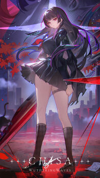 1girl ahoge arm_cutout black_hair black_jacket black_serafuku black_shirt black_skirt black_socks breasts character_name chinese_commentary chisa_(wuthering_waves) closed_mouth clothing_cutout commentary_request copyright_name highres holding holding_sword holding_weapon jacket large_breasts long_hair long_sleeves looking_at_viewer looking_back moehikaru neckerchief red_eyes red_neckerchief sailor_collar school_uniform serafuku shirt skirt socks solo standing sword thigh_strap thighs weapon white_sailor_collar wuthering_waves