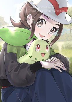1girl :d brown_eyes brown_hair chikorita commentary_request day eyelashes gen_2_pokemon happy harmony_(pokemon) hat jacket long_sleeves morisawa_machi nintendo open_mouth outdoors pants pokemon pokemon_(creature) pokemon_legends:_z-a sidelocks smile teeth upper_teeth_only watermark white_hat