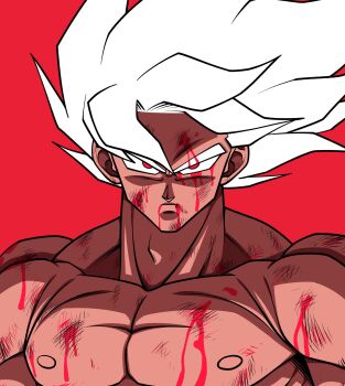 1boy blood blood_on_face bloody_tears dragon_ball dragonball_z gonggi hashtag-only_commentary highres male_focus medium_hair muscular muscular_male official_alternate_eye_color official_alternate_hair_color red_background red_eyes simple_background solo son_goku spiked_hair super_saiyan super_saiyan_1 topless_male upper_body white_hair