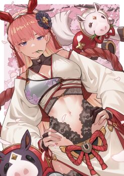 Rule 34 | 1girl, animal ear hairband, animal ears, archery shooting glove, asymmetrical gloves, bare shoulders, black gloves, blonde hair, border, breasts, brown nails, cleavage, closed mouth, clothing cutout, colored inner hair, commentary, dated commentary, detached sleeves, fake animal ears, fingernails, floral print, gloves, granblue fantasy, hairband, hands on own hips, highres, horse, long fingernails, long hair, long sleeves, looking at viewer, mouth hold, multicolored hair, muneate, nail polish, navel, nonh (wormoftank), partially fingerless gloves, petals, pink hair, pink petals, purple eyes, sandira (granblue fantasy), stalk in mouth, stomach, tree, two-tone hair, upper body, white border, white sleeves, wide sleeves