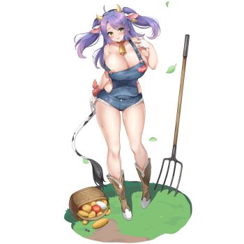 1girl ahoge animal_ears animal_print apple areola_slip bandaid bandaid_on_leg basket bell blush boots breasts brown_boots character_name cleavage collar collarbone corn cow_ears cow_horns cow_print cow_tail cowbell cowboy_boots denim djinnia_(last_origin) ear_tag fake_horns fake_tail falling_leaves food fruit fruit_basket gloves gluteal_fold grass green_eyes hair_ornament hairpin headband heart highres horns huge_breasts last_origin leaf long_hair looking_at_viewer micro_shorts naked_overalls neck_bell nipples official_alternate_costume official_art open_mouth overalls pitchfork potato purple_hair red_collar serin199 shorts smile solo standing sweat tachi-e tail thick_thighs thighs transparent_background two_side_up white_gloves wrist_wrap