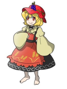 Rule 34 | 1girl, aki minoriko, apron, barefoot, black ribbon, black skirt, blonde hair, choker, closed mouth, collared shirt, commentary request, edwardmidori, frilled apron, frills, full body, grape hat ornament, happy, hat, juliet sleeves, long sleeves, looking at viewer, mob cap, orange eyes, puffy sleeves, red hat, ribbon, ribbon choker, shirt, simple background, skirt, smile, solo, touhou, wheat print, white background, wide sleeves, yellow apron, yellow shirt