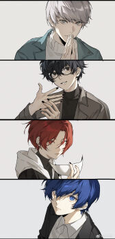 absurdres amamiya_ren black_hair blue_hair chinese_commentary commentary_request gekkoukan_high_school_uniform grey_background grey_hair highres narukami_yu persona persona_3 persona_4 persona_5 red_hair school_uniform shirogane_naoto short_hair shuujin_academy_school_uniform yasogami_school_uniform yuuki_makoto_(persona_3)