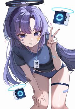 1girl absurdres artist_name bandaid bandaid_on_arm bandaid_on_leg bent_over black_halo blue_archive blue_buruma blue_eyes blue_shirt breasts buruma fingernails gauze_on_arm gluteal_fold grin halo hand_on_own_knee highres id_card kkato long_hair looking_at_viewer mechanical_halo medium_breasts midriff_peek millennium_science_school_logo official_alternate_costume ponytail purple_hair red_pupils shirt short_sleeves simple_background smile solo standing star_(symbol) star_sticker sticker sticker_on_face sweat thigh_strap v white_background yuuka_(blue_archive) yuuka_(track)_(blue_archive)