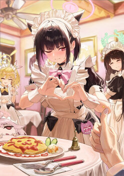 5girls absurdres after-school_sweets_club_(blue_archive) ahoge airi_(blue_archive) alternate_costume animal_ears apron black_dress black_hair blonde_hair blue_archive blush bocchi_(kuropom7) bow brown_hair cat_ears cat_girl closed_eyes closed_mouth commentary_request dress extra_ears female_pov food green_halo halo heart heart_hands highres indoors kazusa_(blue_archive) looking_at_another looking_at_viewer maid maid_apron maid_headdress mixed-language_commentary multiple_girls natsu_(blue_archive) omelet omurice one_eye_closed open_mouth pink_bow pink_hair pink_halo pointing pointing_at_another pov puffy_short_sleeves puffy_sleeves purple_nails red_eyes reisa_(blue_archive) short_hair short_sleeves thumbs_up twintails wrist_cuffs yellow_halo yoshimi_(blue_archive)