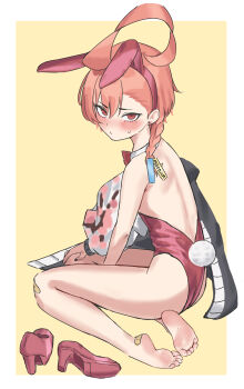 1girl absurdres ahoge animal_ear_hairband animal_ears asymmetrical_hair backless_leotard bandaid bandaid_on_foot barefoot blando blue_archive blush bow bowtie braid detached_collar fake_animal_ears feet foot_focus from_behind full_body hairband highres huge_ahoge jacket leotard mole mole_under_each_eye mole_under_eye multiple_moles neru_(blue_archive) neru_(bunny)_(blue_archive) no_halo nose_blush orange_hair playboy_bunny print_jacket rabbit_ears rabbit_tail red_bow red_bowtie red_eyes red_leotard red_shoes shoes single_braid sitting soles solo strapless strapless_leotard sukajan tag tail toes unworn_shoes yellow_background