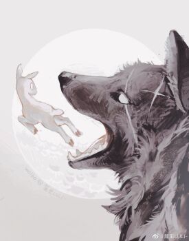 absurdres animal animal_focus baby_animal brown_fur goat highres lamb luli_(crocowolf333) moon no_humans no_pupils original scar scar_across_eye scar_on_face scar_on_head sheep teeth tongue watermark weibo_watermark white_fur wolf