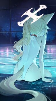 1girl absurdres animal_ears ass bare_arms bare_shoulders blonde_hair blue_archive choker cross_halo extra_ears fox_ears fox_girl fox_tail from_behind hair_over_shoulder halo hand_on_floor highleg highleg_one-piece_swimsuit highres loli long_hair night no_headwear no_jacket official_alternate_costume official_alternate_hairstyle okkimon one-piece_swimsuit partially_submerged pool poolside red_choker seia_(blue_archive) seia_(swimsuit)_(blue_archive) side_ponytail sitting sky solo star_(sky) starry_sky swimsuit tail thighs very_long_hair very_long_tail water wet white_one-piece_swimsuit yellow_halo