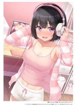 1girl absurdres armpits arms_up black_hair blunt_bangs blush bookshelf breasts camisole casual caught censored cleavage computer computer_keyboard computer_tower desk drawstring embarrassed hands_on_headphones headphones highres indoors inoue_yurina jacket karutamo large_breasts long_sleeves looking_at_viewer medium_breasts midriff monitor mosaic_censoring multicolored_jacket navel off_shoulder open_clothes open_mouth original pink_camisole pink_jacket pink_shirt pink_theme pornography purple_eyes shirt short_hair short_shorts shorts sleeveless sleeveless_shirt solo spaghetti_strap striped_clothes striped_jacket two-tone_jacket white_jacket white_shorts
