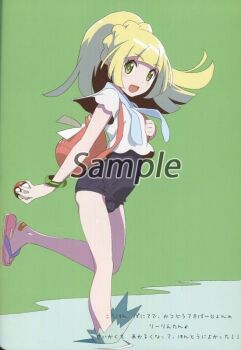 1girl backpack bag bandages bangle blonde_hair bracelet braid female_focus flip-flops green_eyes jewelry jpeg_artifacts lillie_(pokemon) looking_at_viewer nintendo poke_ball poke_ball_(basic) pokemon pokemon_sm ponytail ponytail_with_braided_base sample_watermark sandals school_swimsuit solo source_request swimsuit tagme translation_request watanabe_akio watermark