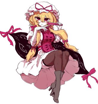 Rule 34 | 1girl, blonde hair, blush, boots, bow, breasts, brown boots, brown thighhighs, closed mouth, commentary, dress, english commentary, folding fan, gap (touhou), gloves, hair between eyes, hair bow, hand fan, hat, hat ribbon, high heel boots, high heels, highres, holding, holding fan, large breasts, long hair, looking at viewer, mob cap, multiple hair bows, rampa93, red eyes, ribbon, smile, solo, spot color, tabard, thighhighs, touhou, very long hair, white dress, white gloves, yakumo yukari