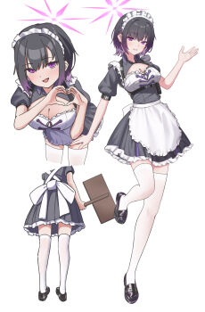 1girl alternate_costume apron black_hair black_shoes blue_archive blush breasts cleavage cleavage_cutout clothing_cutout collared_dress dress frilled_apron frilled_dress frills gradient_hair grey_dress halo hand_up hanging_breasts heart heart_hands highres holding holding_sign keika_(otsukare) large_breasts leaning_forward leg_up looking_at_viewer maid maid_apron maid_headdress multicolored_hair multiple_views puffy_short_sleeves puffy_sleeves purple_eyes purple_hair purple_halo ribbon shoes short_hair short_sleeves sign simple_background solo subaru_(blue_archive) thighhighs upper_body wachikumori waist_apron white_background white_ribbon white_thighhighs wrist_cuffs