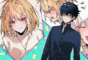 1boy 1girl angry antenna_hair arcueid_brunestud black_hair blonde_hair blue_jacket breasts buttons closed_eyes collared_shirt commentary_request gakuran glasses hair_between_eyes hair_intakes highres jacket jewelry korean_commentary looking_at_viewer messy_hair necklace red_eyes school_uniform sharp_teeth shirt short_hair smile souya_high_school_uniform sweat sweater syet teeth tohno_shiki tsukihime tsukihime_(remake) turtleneck turtleneck_sweater upper_body upper_teeth_only white_shirt white_sweater