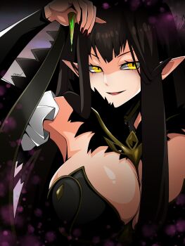 1girl bare_shoulders black_dress breasts bridal_gauntlets brown_hair cleavage commentary_request detached_sleeves dress fate/apocrypha fate_(series) fur_trim gold_trim highres large_breasts long_hair looking_at_viewer open_mouth pointy_ears semiramis_(fate) shaded_face sidelocks smile solo spikes very_long_hair wagu_neru yellow_eyes