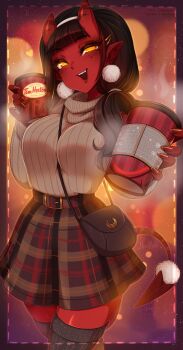 1girl 2019 :d artist_name bad_id bad_pixiv_id bag belt between_breasts black_hair black_thighhighs blunt_bangs blush border breasts colored_skin commentary cowboy_shot cup demon_girl demon_tail disposable_cup earrings english_commentary fang female_focus fingernails freckles hairband heart highres horns jewelry large_breasts long_fingernails long_hair looking_at_viewer meruccubus_(merunyaa) merunyaa mole mole_under_eye nail_polish open_mouth orange_eyes original outline patreon_username pixiv_username plaid_clothes plaid_skirt pointy_ears red_nails red_skin revision ribbed_sweater shoulder_bag signature skin-covered_horns skirt smile solo standing strap_between_breasts sweater tail thighhighs tim_hortons turtleneck zettai_ryouiki