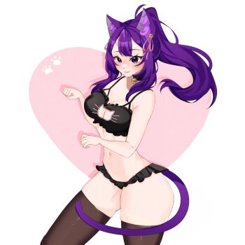 1girl animal_ear_fluff animal_ears bell black_bra black_panties black_thighhighs borrowed_character bra breasts cat_cutout cat_ears cat_girl cat_lingerie cat_tail cleavage cleavage_cutout clothing_cutout frilled_bra frilled_panties frills heart highres indie_virtual_youtuber jingle_bell kat_kings large_breasts long_hair looking_at_viewer navel neck_bell nyan panties paw_print ponytail purple_hair smile solo tail thighhighs underwear virtual_youtuber white_background xchiila