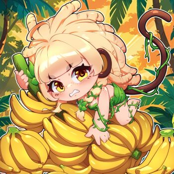1girl animal_ears banana bananajuju blonde_hair brown_eyes brown_tail clenched_teeth dreadlocks food fruit indie_virtual_youtuber jungle leaf_bra leaf_skirt looking_at_viewer monkey_ears monkey_girl monkey_tail nature paimo palm_tree plant plant_clothing solo tail teeth tree vines virtual_youtuber