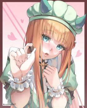 Rule 34 | absurdres, animal ears, blue eyes, blunt bangs, blush, candy, chocolate, chocolate heart, commentary request, dress, ear covers, ears through headwear, food, frilled wrist cuffs, frills, green dress, green hat, hat, heart, heart-shaped food, highres, holding, horse ears, horse girl, long hair, looking at viewer, midorin 567, open mouth, orange hair, short sleeves, silence suzuka (umamusume), solo, umamusume, white wrist cuffs, wrist cuffs