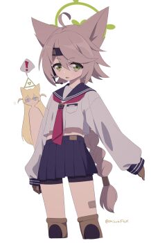 ! 2girls :/ :d absurdres ahoge animal_ears aqua_eyes bike_shorts black_sailor_collar black_shorts black_skirt blonde_hair blue_archive braid braided_ponytail brown_gloves brown_hair closed_mouth commentary cowboy_shot cropped_legs fox_ears fox_girl frown gloves green_eyes green_halo hair_between_eyes halo highres implied_extra_ears jitome knee_pads kurumi_(blue_archive) long_hair long_sleeves looking_at_viewer low-tied_long_hair low_ponytail midriff miniskirt minowa_sukyaru multiple_girls neckerchief open_mouth otogi_(blue_archive) peeking_out pleated_skirt ponytail red_neckerchief sailor_collar shirt shorts simple_background skirt smile solo_focus speech_bubble spoken_exclamation_mark swept_bangs triangle_halo twitter_username two_side_up v-shaped_eyebrows very_long_hair white_background white_shirt