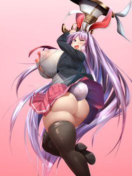 animal_ears ass blazer blush breasts bursting_breasts button_gap highres huge_ass huge_breasts jacket kawahagitei long_hair lunatic_gun miniskirt necktie nipples no_bra no_panties one_eye_closed purple_hair rabbit_ears rabbit_girl rabbit_tail reisen_udongein_inaba skirt tail thick_thighs thighhighs thighs touhou undersized_clothes upskirt very_long_hair