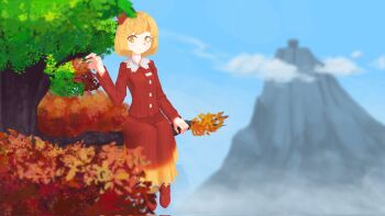 Rule 34 | 1girl, aki shizuha, autumn leaves, blonde hair, blush, buttons, commentary, contrast collar, cyanaqua, english commentary, hair ornament, hand on tree, highres, leaf, leaf hair ornament, long sleeves, mountain, on branch, orange skirt, red shirt, red shoes, red skirt, shirt, shoes, short hair, sitting on branch, skirt, solo, touhou, tree, two-tone skirt, yellow eyes, youkai mountain