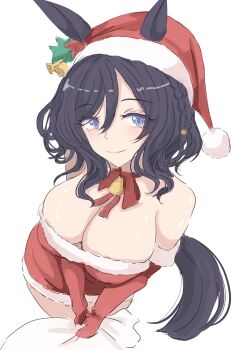 absurdres bell black_hair breasts dress eishin_flash_(umamusume) gloves hat highres holding holding_sack huge_breasts ken_(shutenndouji1) light_smile neck_bell red_gloves sack santa_costume santa_dress santa_hat umamusume