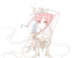 Rule 34 | 1girl, arm on own head, armor, bare shoulders, breastplate, chinese commentary, closed mouth, clothing cutout, collar, collarbone, commentary request, cowboy shot, detached collar, dress, eyelashes, floating clothes, floating hair, frilled dress, frills, glint, hair bun, happy, high collar, highres, holding, holding sword, holding weapon, infinity nikki, lace collar, looking at viewer, melody bloom (infinity nikki), nikki (nikki), nikki (series), pink eyes, pink hair, rapier, ren81329, short hair with long locks, short sleeves, shoulder cutout, sidelocks, simple background, single hair bun, smile, solo, standing, sword, updo, weapon, white background, white collar, white dress, wind