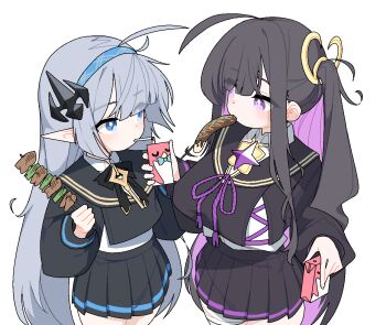 2girls ahoge ahoge_wag animated animated_gif black_hair black_shirt black_skirt blinking blue_hairband blunt_bangs breasts chitose_(stella_sora) chocolate-covered_food chocolate_banana closed_mouth colored_inner_hair commentary_request cowboy_shot drink_carton dthmns eating expressive_hair female_tyrant_(stella_sora) grey_hair hairband holding holding_juice_box holding_skewer juice_box korean_commentary large_breasts long_hair long_sleeves miniskirt multicolored_hair multiple_girls pleated_skirt pointy_ears purple_hair shirt sidelocks simple_background skewer skirt stella_sora striped_clothes striped_skirt two-tone_hair tyrant_(stella_sora) white_background